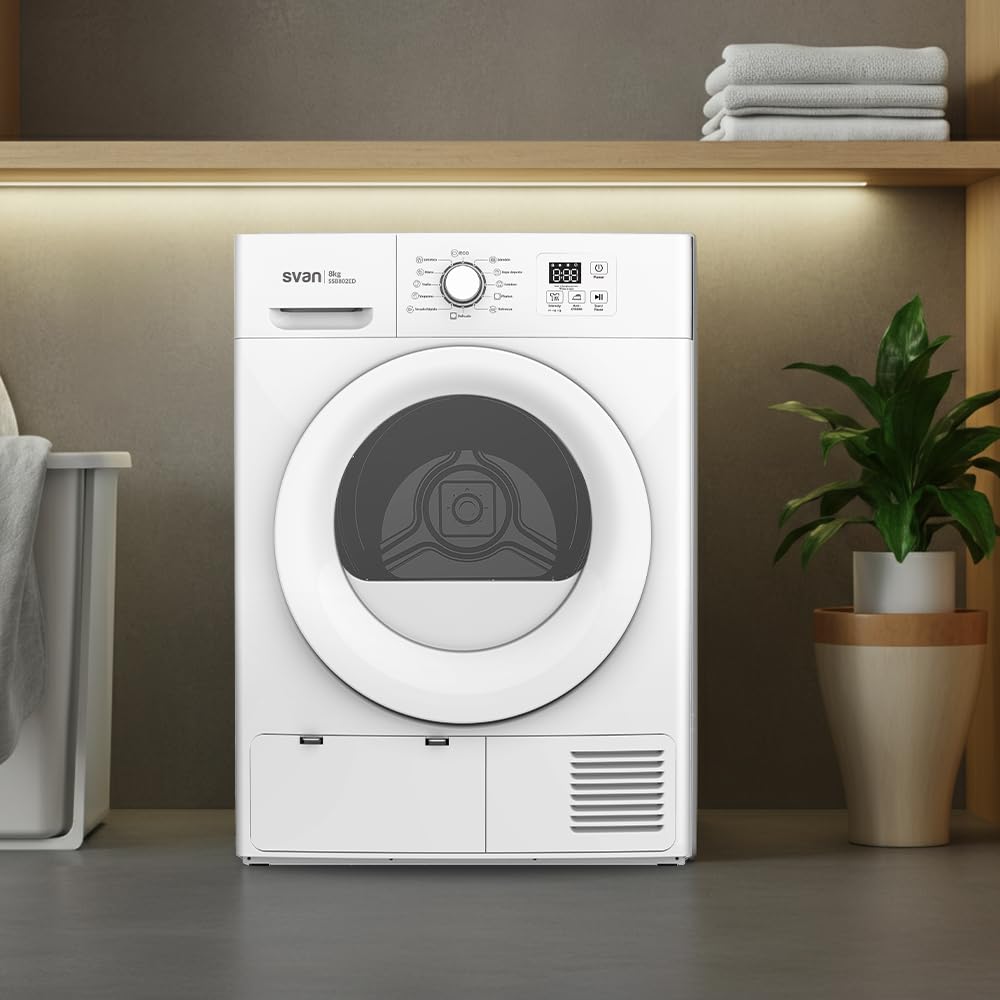 Svan Secadora Bomba Calor 8Kg, Carga Frontal, Blanco, SSB802ED. 700W, 12 Programas, Función Antiarrugas, Display LED manual, Eficiencia Energética Clase E