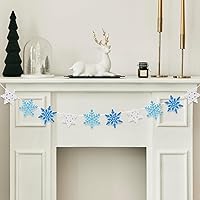 Vista 5 de Whaline Guirnalda de fieltro de copo de nieve, guirnalda de copos de nieve blanca y azul, guirnalda de banderines de invierno para Navidad
