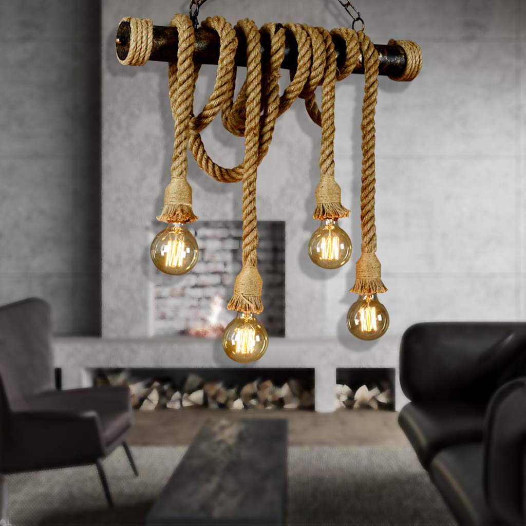 Hemp Rope Pendant Lamp Vintage Rope Pendant Lamp Retro Hand-Woven Pendant Lamp Iron Industrial Antique Chandelier Dining Table Restaurant Bar Loft Height Adjustable Pendant Lamp Lighting Light,4 heads