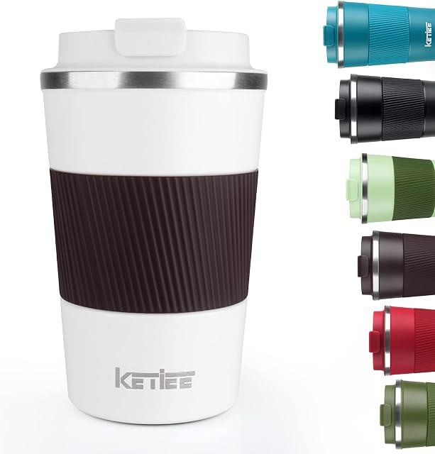 KETIEE Travel Mugs, 380ml Insulated Coffee Cup with Leakproof Lid,Reusable Coffee Cups Travel Cup,Coffee Travel Mug,Double Walled Coffee Mug,Stainless Steel Thermal Mug for Hot Cold Drinks,White