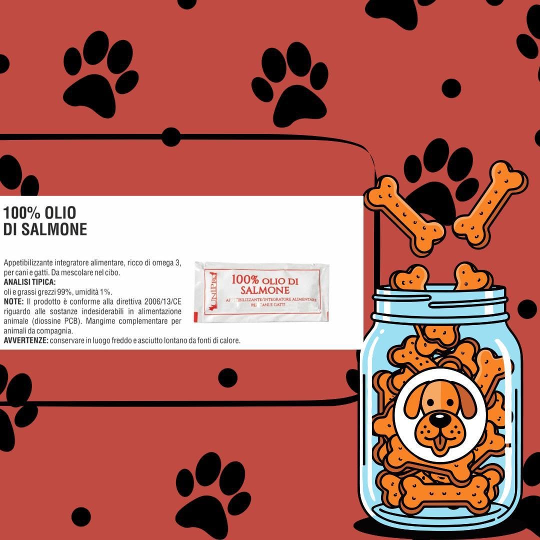 Olio Di Salmone Appetizzante per Cani e Gatti, alimento per cani e gatti adulti e cuccioli di tutte le razze con poco appetito | 10 bustine da 10ml l’una.