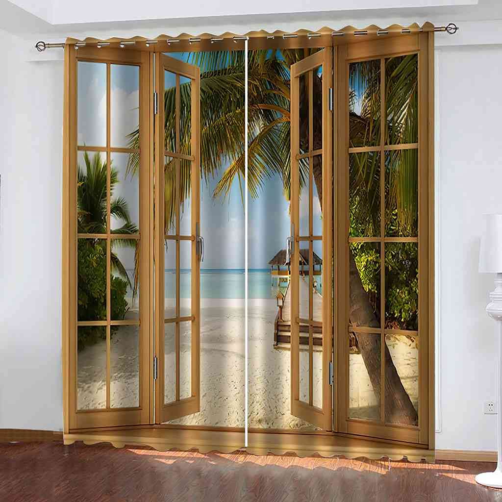 Rideau Occultant Pont en bois mer salon 264x160 cm isolant thermique lot de 2