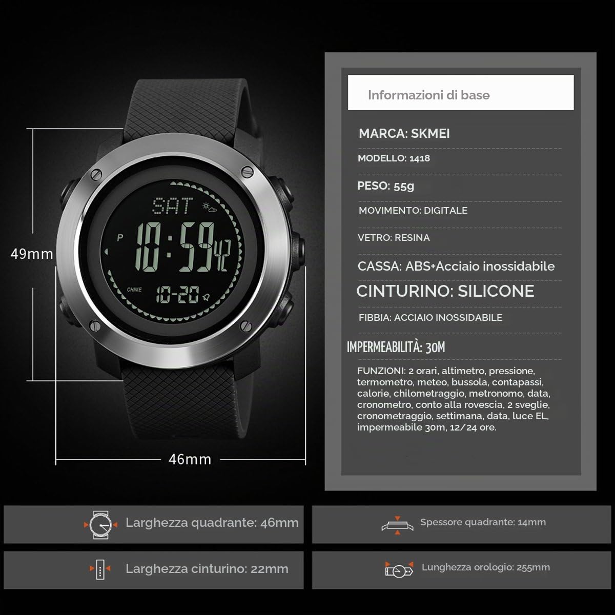 Orologio digitale da uomo con bussola, contapassi, barometro, altimetro, contatore alla rovescia, termometro, sport, militare