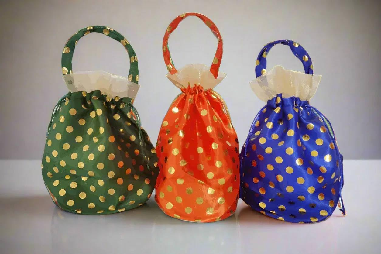 PUJA CELEBRATIONS Potli Drawstring Bag Multi Color - Polka Dot for Return Gifts, Wedding, Baby Shower, Haldi Functions, Dry Fruit and Jewelry Packaging Size 6X4 cm | Pack of 5-picture-21