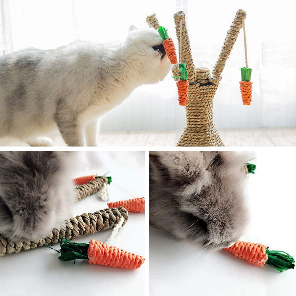 Bunny Chew Toys, Kaninchen Kratzen Klettern Spaß Baum mit Karottenform Spielzeug, Handgewebtes Seegras Kauspielzeug für Kaninchen Katzen Hamster Rennmäuse Zähne Schleifen
