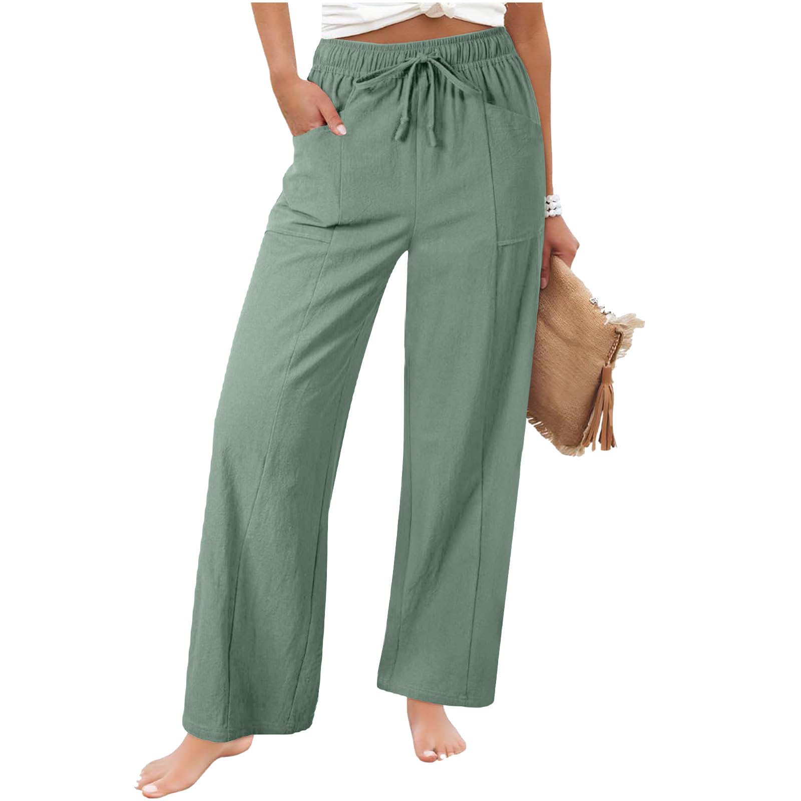Pantalon Fluide Femme Été Coton Et Lin Léger Ample Large Pantalons Chic Et Elegant Palazzo Coupe Droit Taille Haute Élastique Poche Pants De Plage Couleur Unie Décontracté Mode Vêtements