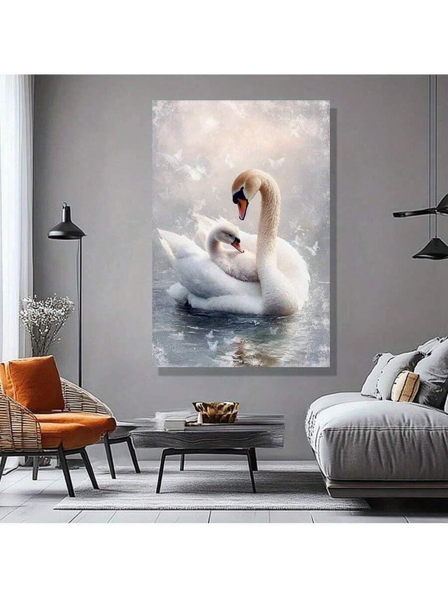 lianyibo Plakat ścienny na płótnie z eleganckim łabędziem i ciekawskim małym, dekoracja biura, sypialni, kuchni lub salonu (50 x 70 cm, bez ramki).