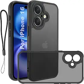 USTIYA FG Capa para iPhone 16 Case Matte Acrílico Uso Resistente Protetora de Câmera Capinha Acessórios para Celular com Cordão Preto
