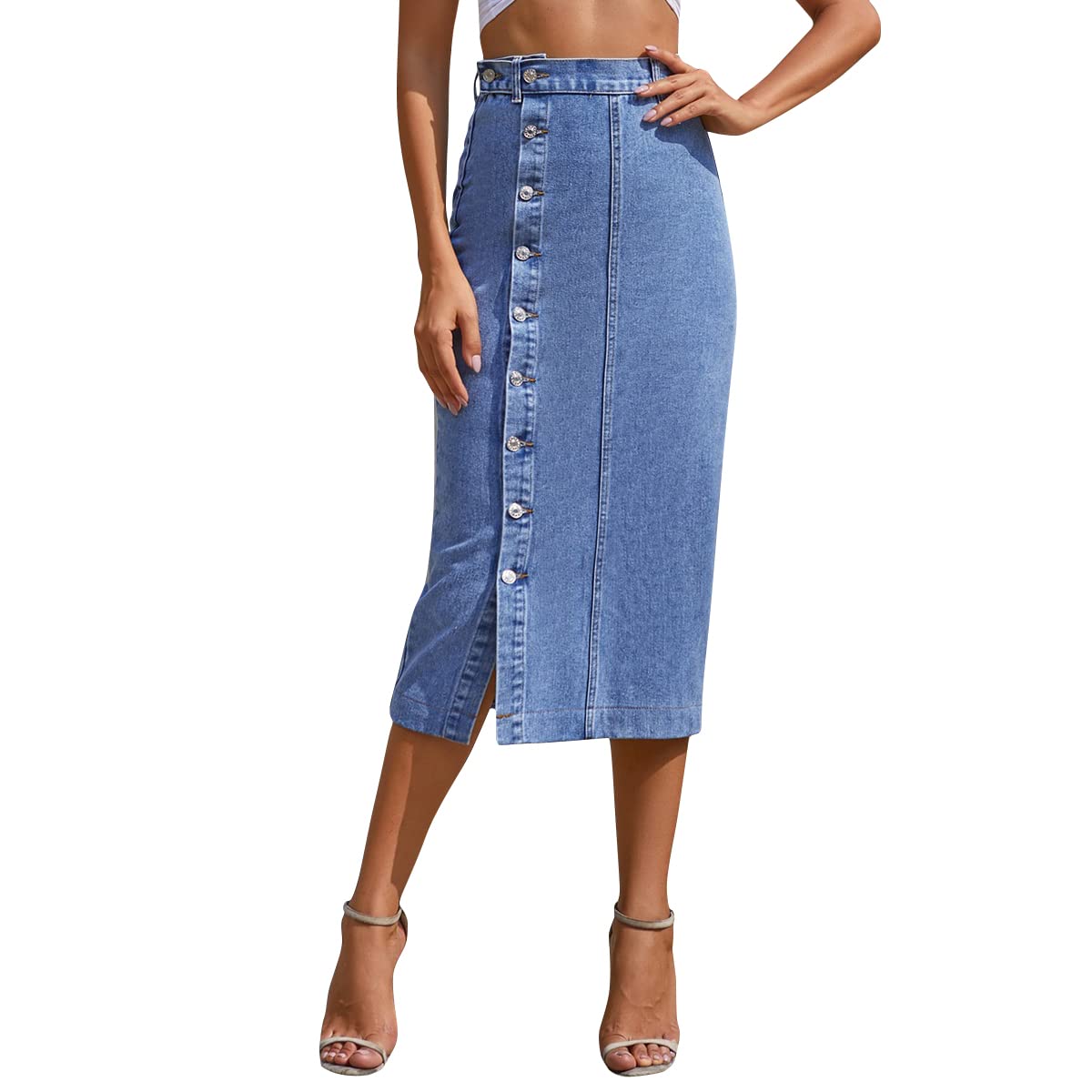 ABAFIPWomen's High Waisted Slit Button up Midi Jean Skirt High Split Casual Denim Long Skirts