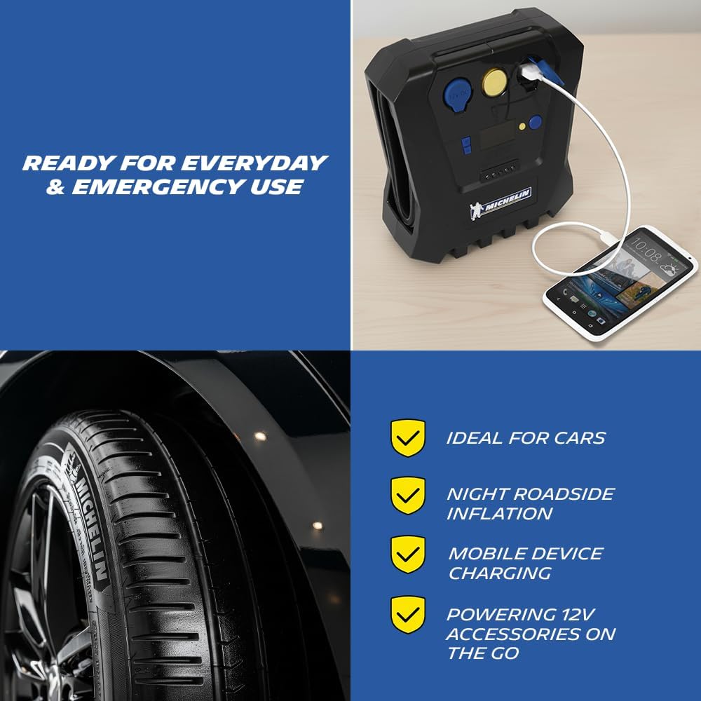 MICHELIN 009519 Compresseur à Air 12 V Programmable – 7 Bars – Gonflage Pneus de Voiture en 3 Minutes – Arrêt Automatique - Manomètre Digital – Robuste Compact – LED - Livré avec Embouts adaptateurs