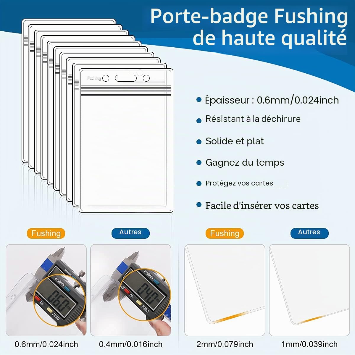 Fushing Lot de 100 porte-étiquettes pour étiquettes, cartes, ou badge, en plastique vertical Transparent L claire