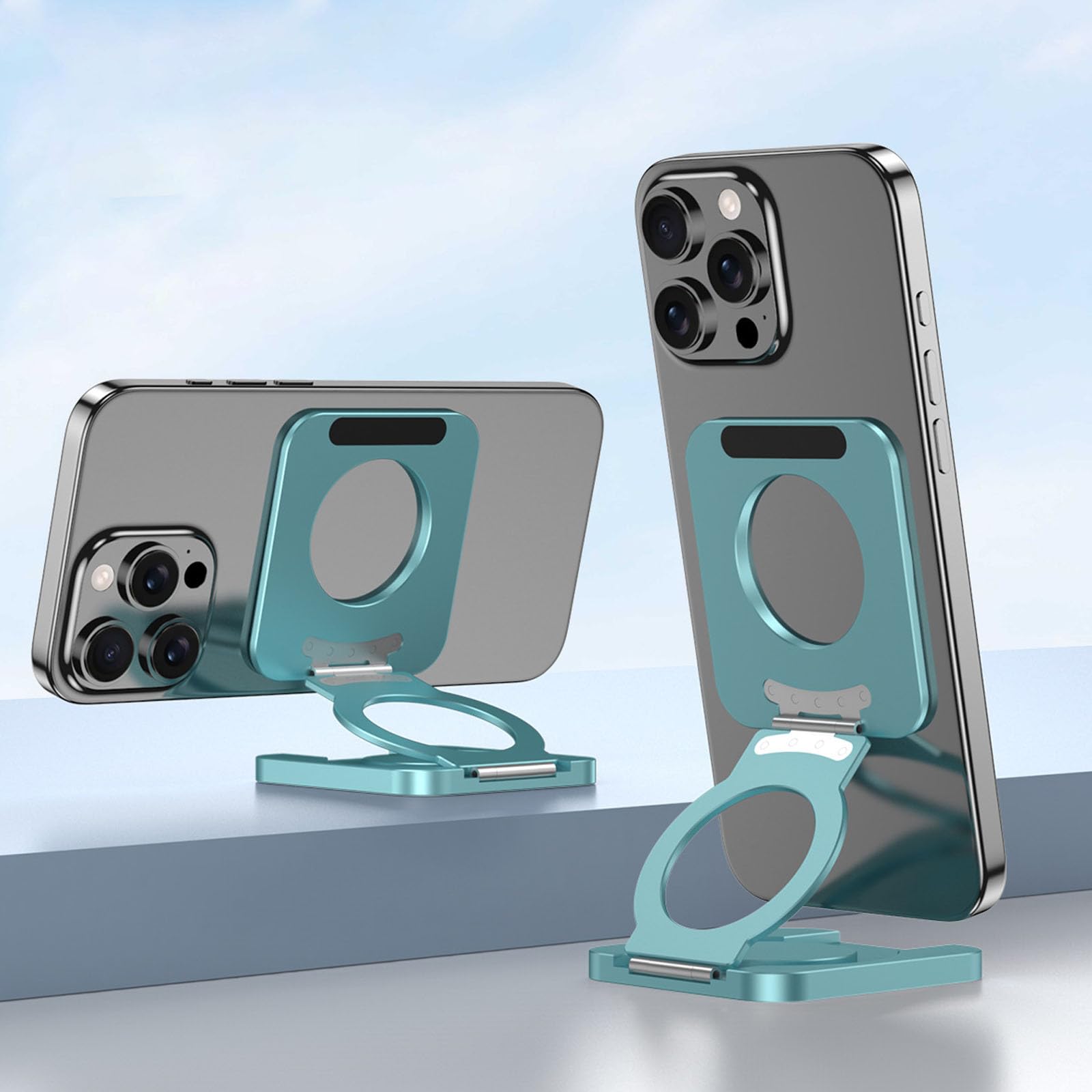 Soporte de teléfono ajustable de 360 grados, doble cara, plegable, muy delgado, apto para todos los teléfonos inteligentes, soporte de aluminio para teléfono
