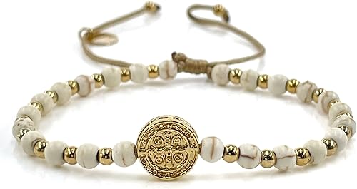 Miniatura 9 de Pulsera ajustable con moneda de San Benito y cuentas redondas naturales de coral rojo para mujer