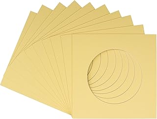 10x10 Mat Bevel Cut for 6x6 Photos - Precut Soft Yellow Circle Shaped Photo Mat Board Opening - Acid Free Matte to Protect Your Pictures - Bevel Cut for Family Photos, Pack of 25 Matboards