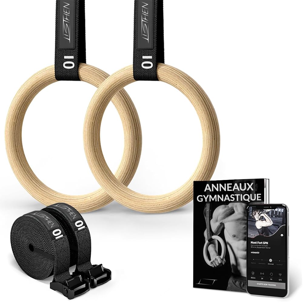 Anneaux Gymnastique et de callisthénie en Bois, entraînement en Suspension, pour la Maison et l'extérieur, Tractions Dips Pull ups, Anneau Musculation pour Entraînement au Poids du Corps