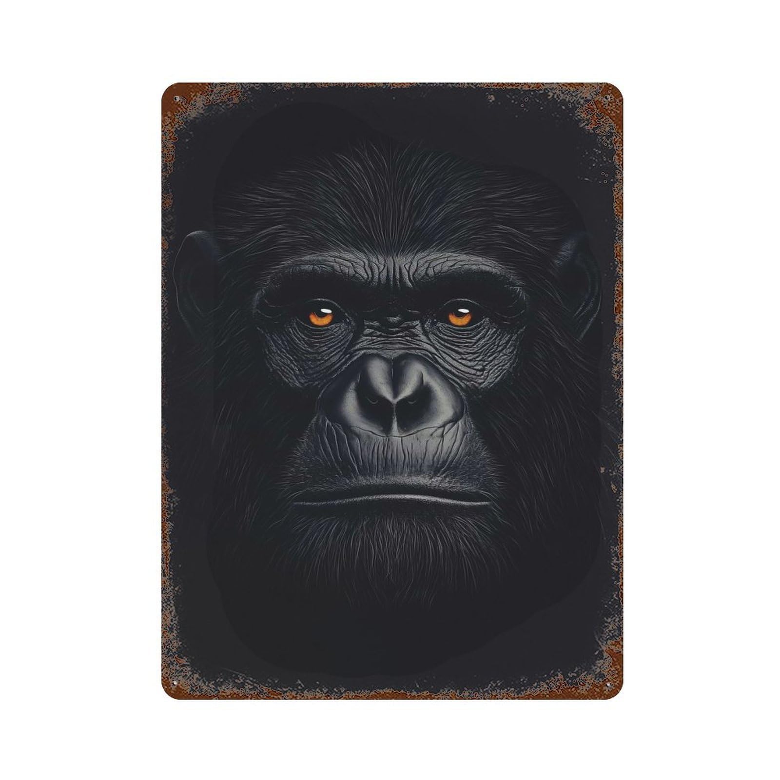 Chimpanzee Portrait with Intense Gaze Rust Effect Tin Sign 15.7"x11.8", Rustic Home Decor for Cafe, Home Bar And Lounge Decor