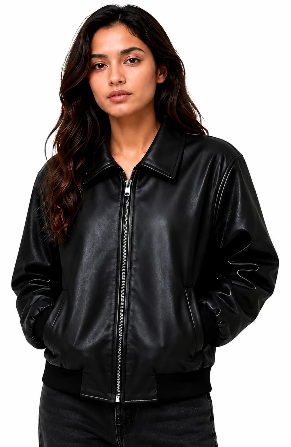 Women's Faux Leather Jacket | Biker Motorcycle Jacket with Zip Front Closure, Classic Shirt Collar | Regular Fit Casual Winter Outerwear | Fashion jacket-picture-15