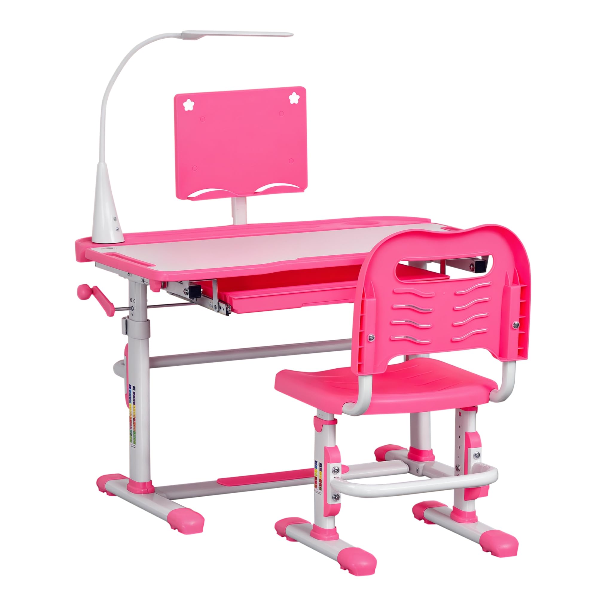 HOMCOM Scrivania per Bambini con Sedia Regolabile in Altezza, Set Banco Scuola con Cassetto, Luce e Piano Inclinabile a 45°, Età 6-12 Anni, Rosa