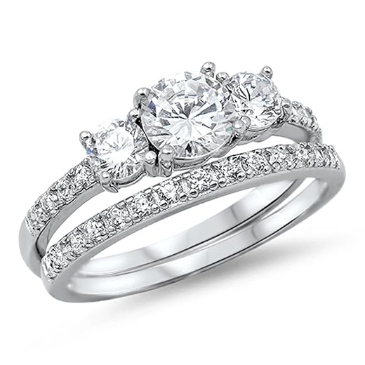 DoubleAccent Sterling Silver CZ Three Stone Ring