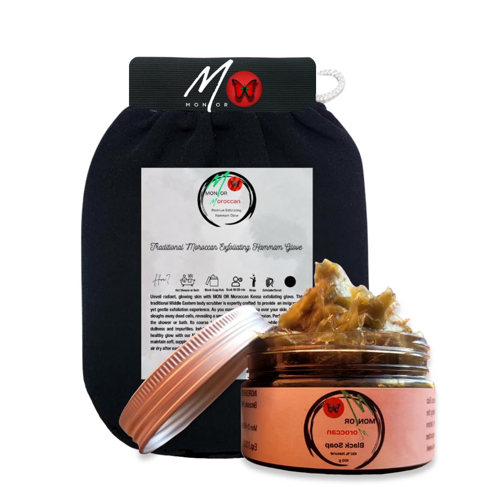 MON OR Moroccan Black Soap & Exfoliating Body Scrubber Glove Bundle-Better Togethe; for Deep Clean; Promotes Skin Elasticity; Stimulates Blood Flow;Unclogs Pores and Removes Dead Skin Cells;