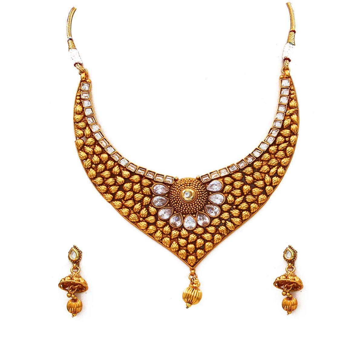 Astonish Collier de Mariage Ensemble de Bijoux Combo Plaqué Or Indien Fait à la Main Moderne Design Bijoux pour Mariées Filles, Rubis Cristal, Pierre précieuse, Perle, rubis, cristal rubis