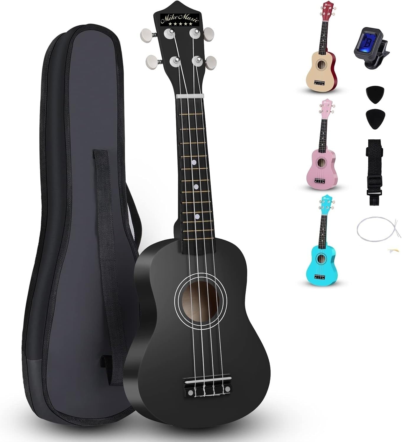 21-Inch Soprano Ukulele Set for Beginners with Carrying Bag, Tuner, Strap, Picks, and Extra Strings - Black