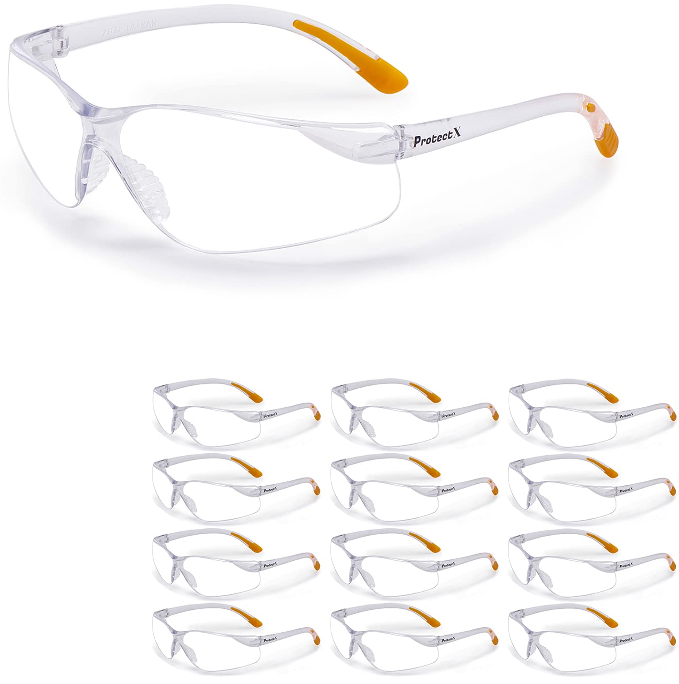 ProtectX Schutzbrille ANSI Z87.1 mit klarem, kratzfestem, beschlagfreiem Glas, rutschfeste Griffe, UV-Schutz, transparenter und orangefarbener Rahmen, 12 Stück (transparent)