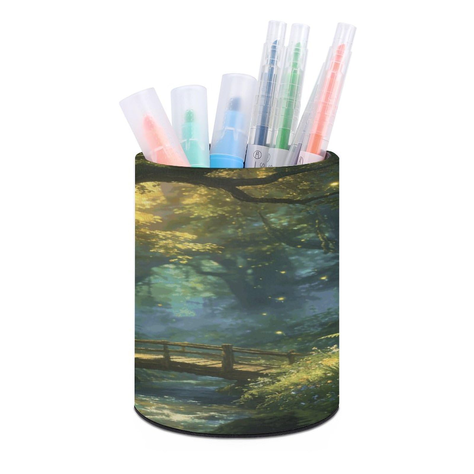LZQPOEAS - Enchanted Forest Pen Holder for Desk Organizer, Modern Minimalist Storage Case for Round PU Leather Pens Supplies