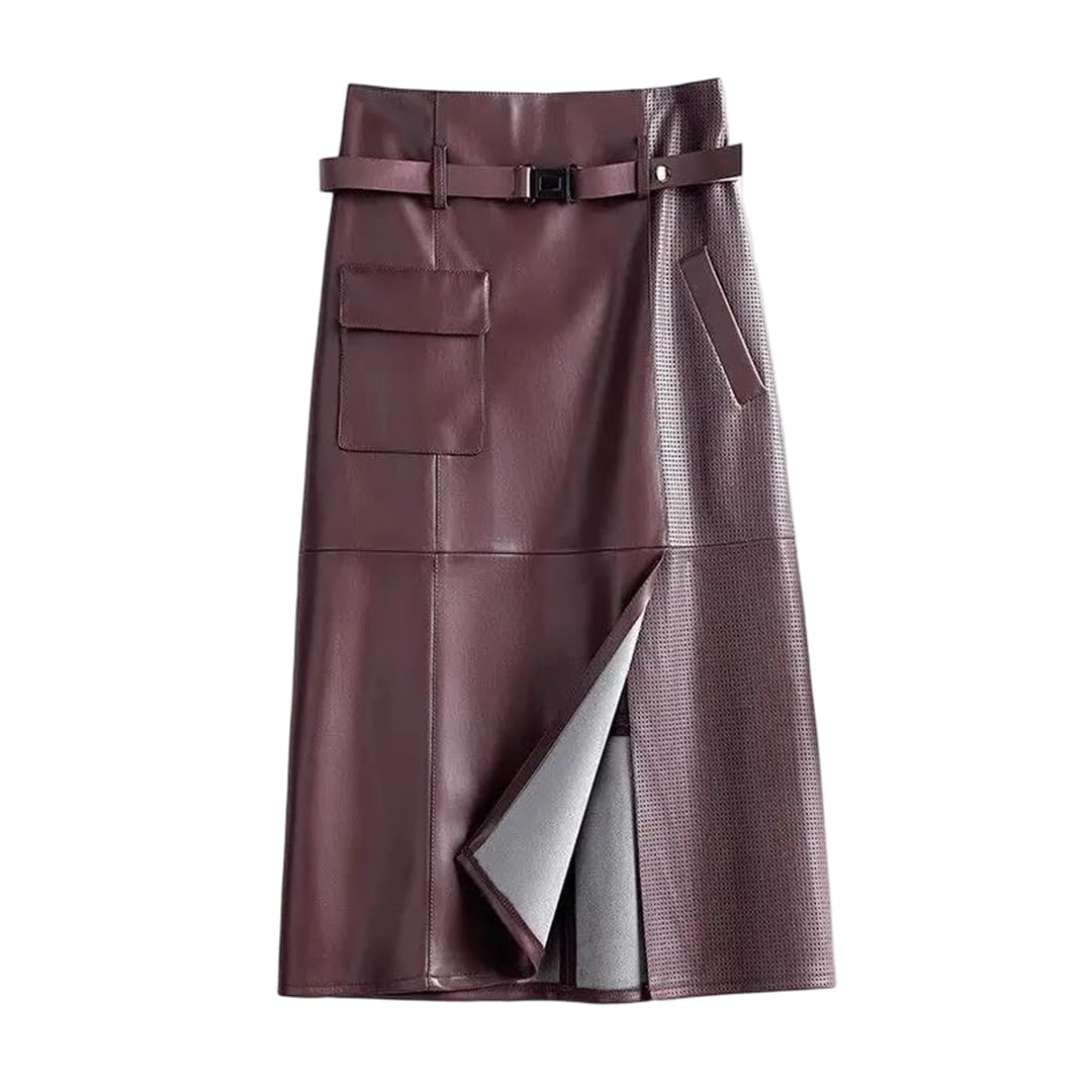 Pulcykp Women Slit Slim Mid Length Skirt Fall Winter Office Casual Date Pencil Skirt