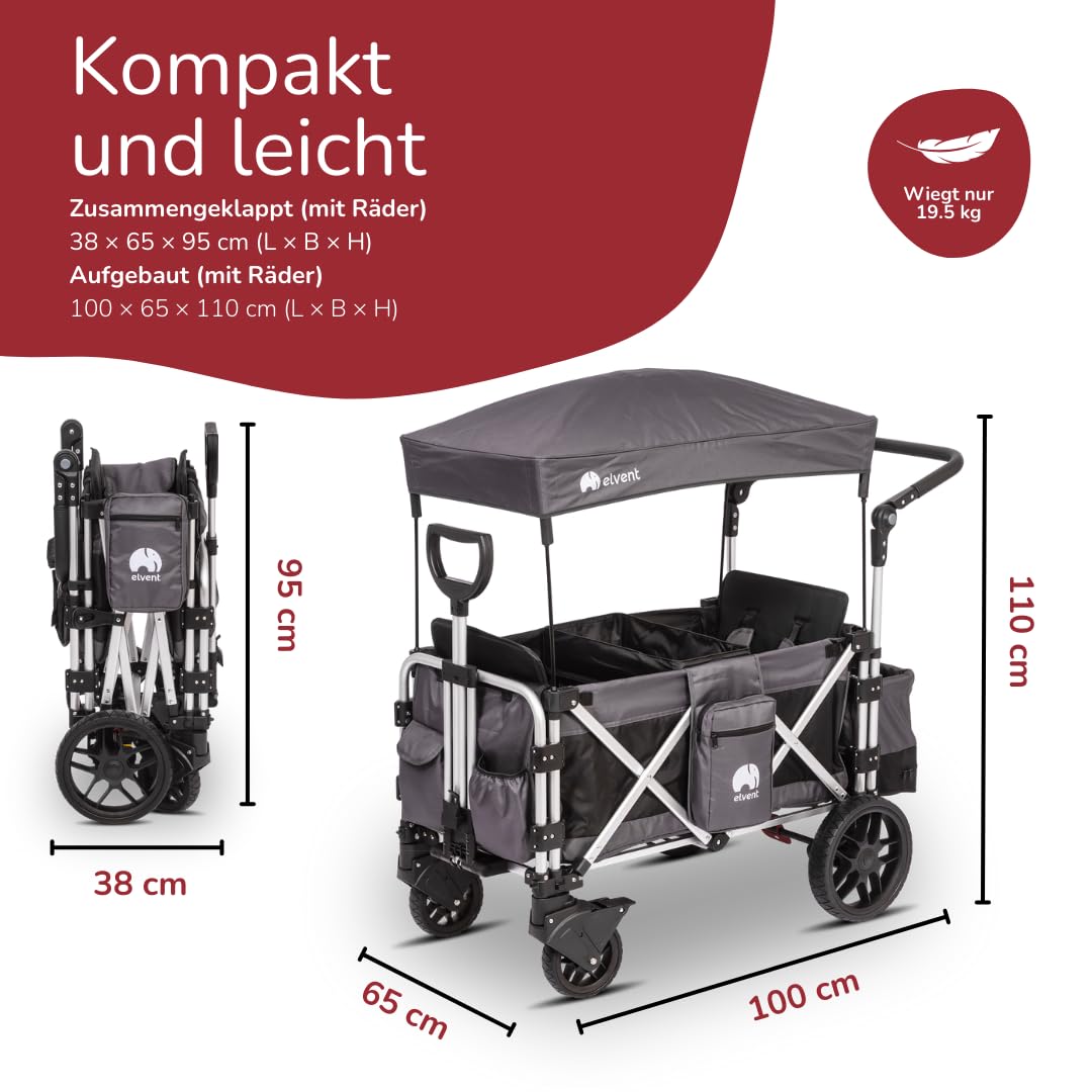 elvent® FamilyStar 2 Sitzer Bollerwagen | Handwagen faltbar mit Dach I Sitzpolster, Hecktasche, Feststellbremse, PU-Reifen, 5-Punkt-Gurte für 2 Kinder, Teleskop-Zugstange
