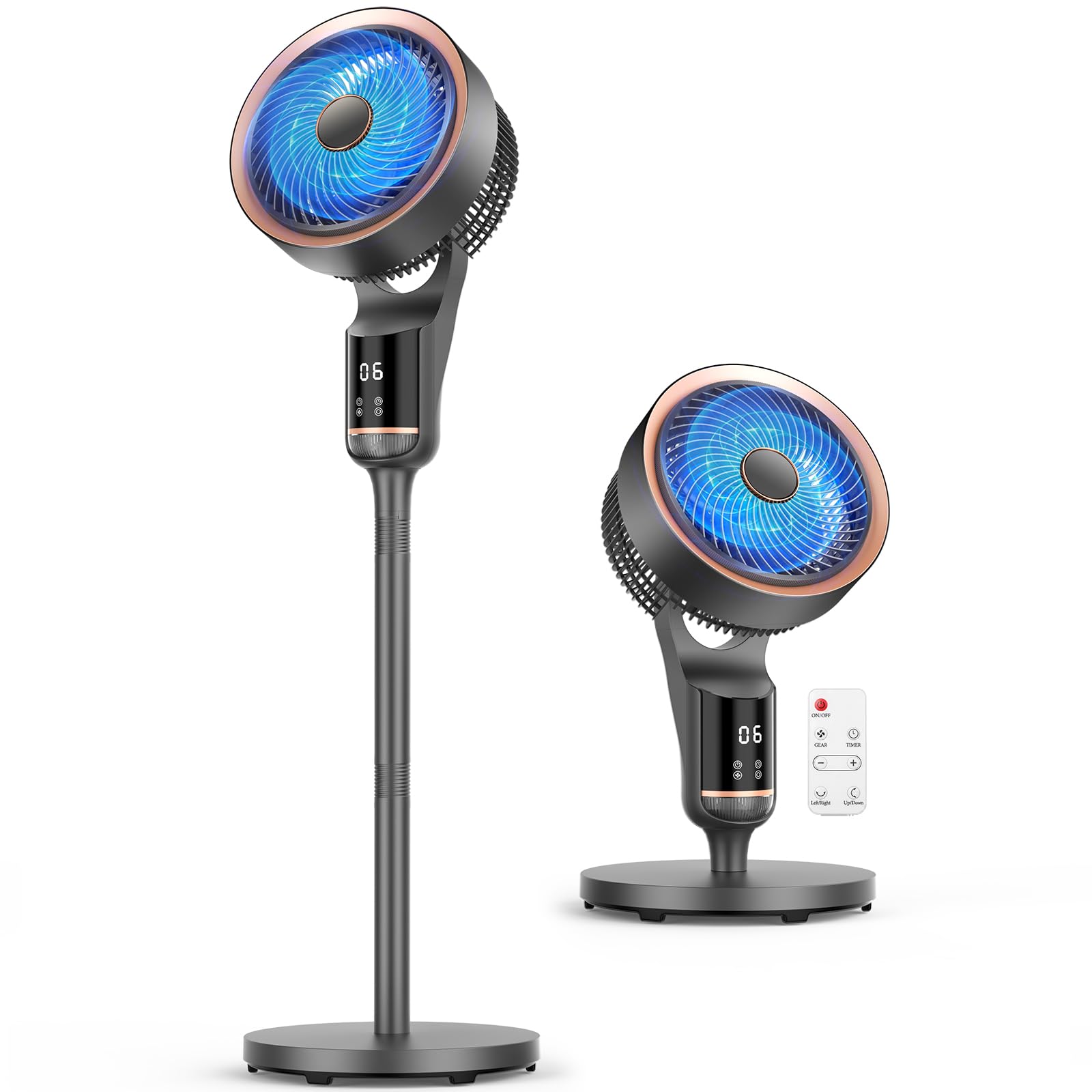 Ventilador de Pie Silencioso 20dB para Dormitorio con Motor DC, 12 Velocidades, 3 Modos, Oscilación 120°+120°, Altura Ajustable 53-110 cm, Temporizador 12 Horas, Mando a Distancia y Flujo de Aire 27m