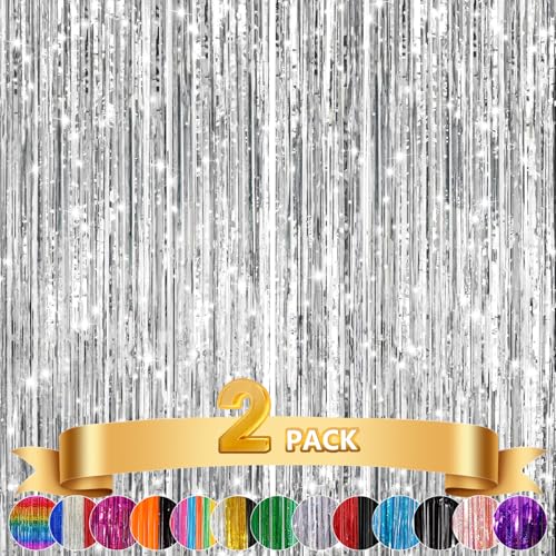 Image of 2Pack Silver Metallic Tinsel Foil Fringe Curtains, Door Streamer Photo Booth Backdrop for Birthday Wedding, Graduation Engagement Bridal Baby Shower Bachelorette Party Decorations Dancing Ball Party