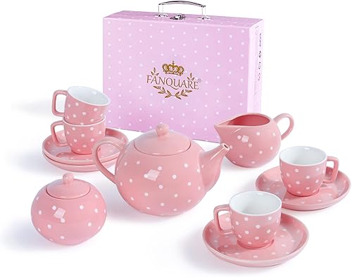 fanquare Juego de té para niñas pequeñas, juego de té de porcelana de lunares, juego de regalo de té para vacaciones, juego de té rosa