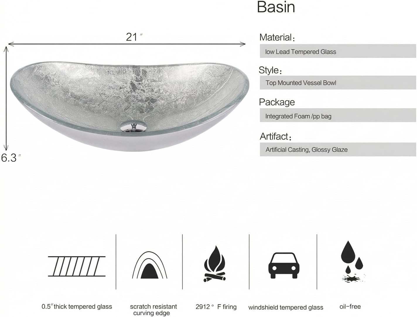 Bathroom Boat Shape Artistic Glass Vessel Sink Free Chrome Faucet and Pop-up Drain Set, Silver