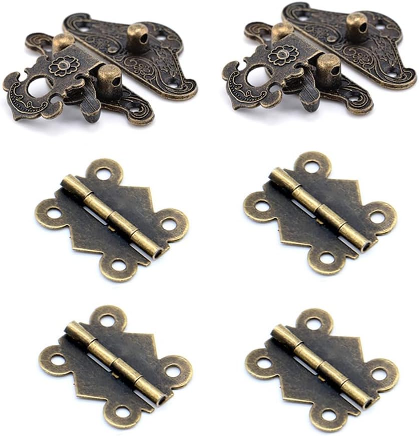 2Pcs Antique Bronze Jewelry Wooden Box Hasp Latch + 4Pcs Vintage Cabinet Hinges Mini