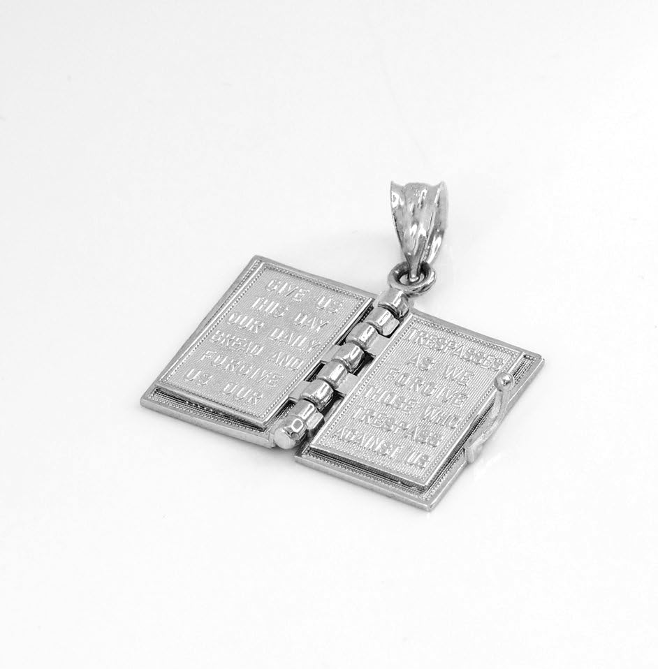 Religious Jewelry Polished Sterling Silver 3D Holy Bible Book w/Lord's Prayer Pendant Necklace - Image 3