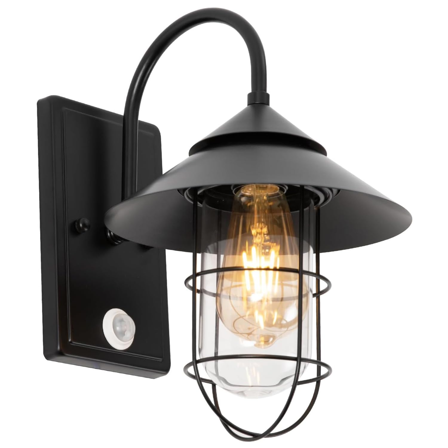 Außenlampe mit Bewegungsmelder, Vintage Wandleuchte E27, IP54 | Schwarze Metall-Außenleuchte mit Glasschirm und E27-Fassung für Hauswand, Eingang, Terrasse Ohne Leuchtmittel max. 60 W