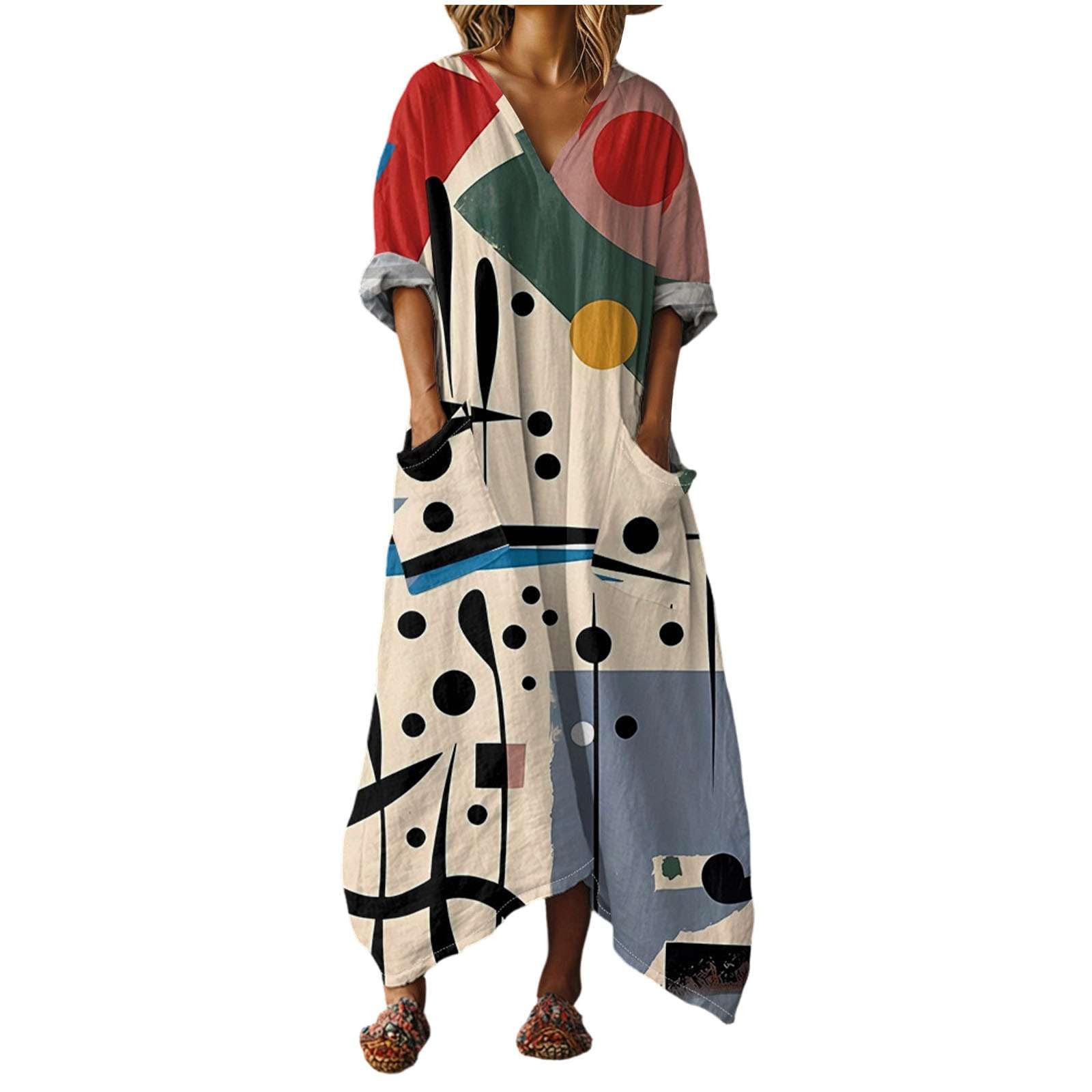 Abito Lungo Donna Boho Mare Vestito Estivi Lunghi Chic in Lino Effetto Scollo a V Maniche a 3/4 Maxi Vestiti con Tasche e Comodo Kaftan per Mare Vacanza Estate Taglie Forti Curvy Copricostume