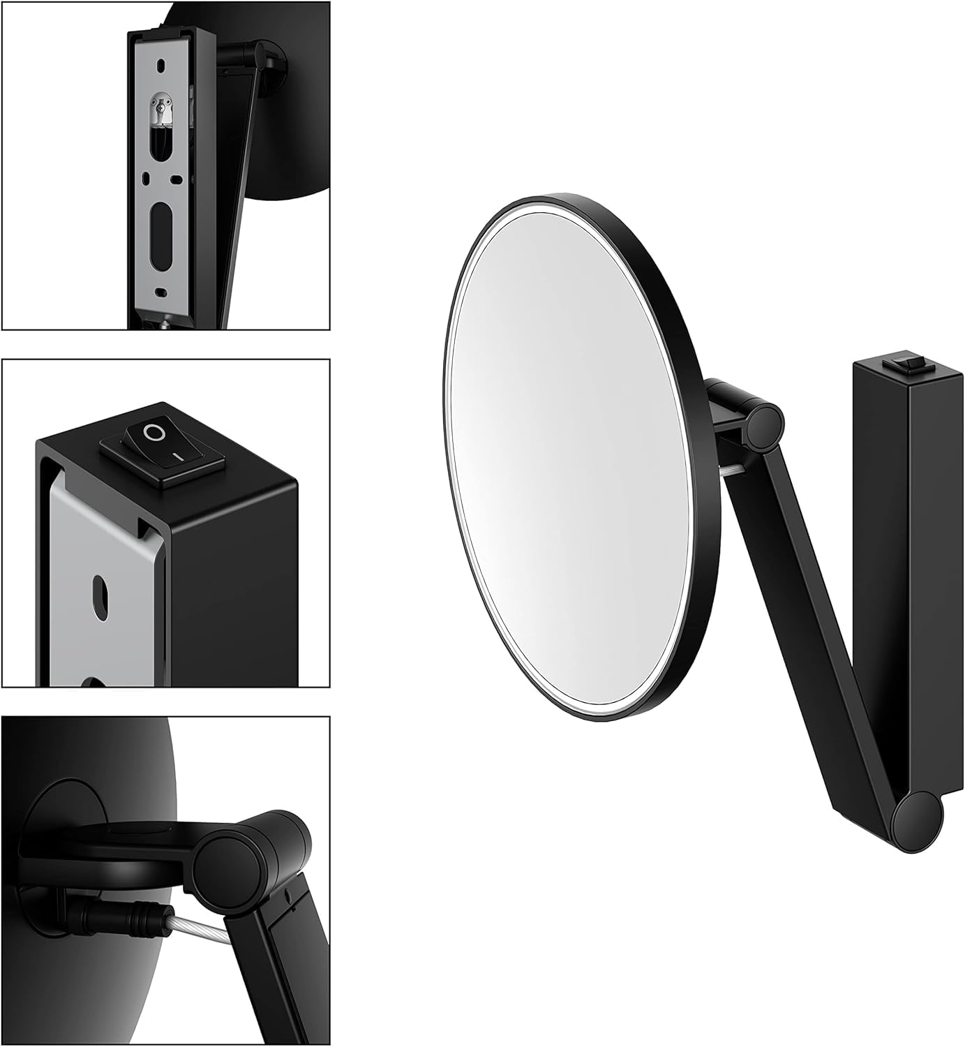Keuco iLook_Move Kosmetikspiegel mit Beleuchtung, rund, Ø20 cm, schwarz | 5-fache Vergrößerung, mit Wippschalter, Unterputz, Made in Germany