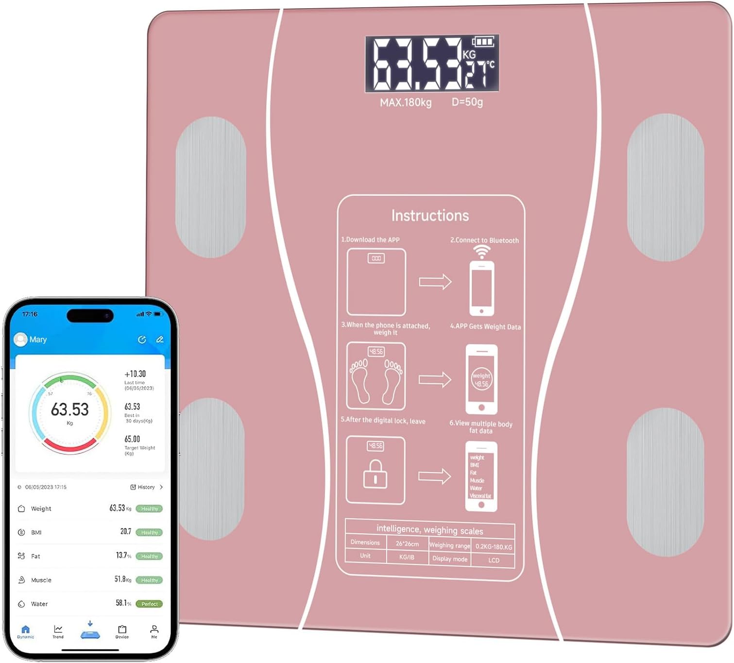 Intelligent Body Fat Scale, a Simple and Practical Digital Scale That can be Connected to a Mobile Digital Bathroom Scale to Display BMI, Body Fat, Muscle Mass, and Durable Weight Scale (Pink)