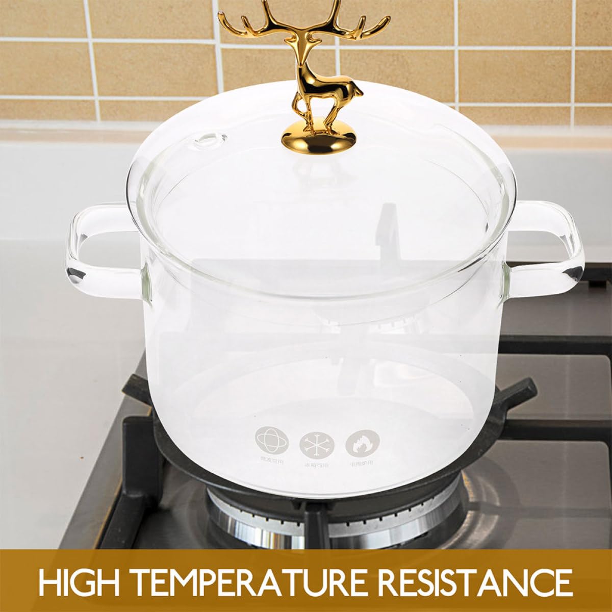 SEWACC Suppentopf aus Hitzebeständigem Glas mit 1900ml Fassungsvermögen Doppelohrgriff für Einfaches Handling Elk Style Deckel zum Kochen von Suppen im Haushalt