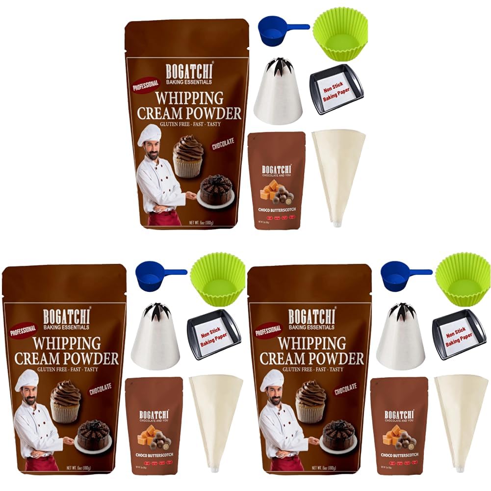 BOGATCHI Chocolate Whipping Cream Powder & Choco Butterscotch Kit | Perfect for Cake Decoration, Desserts & Baking – 200 gm (Pack of 3)-image-18