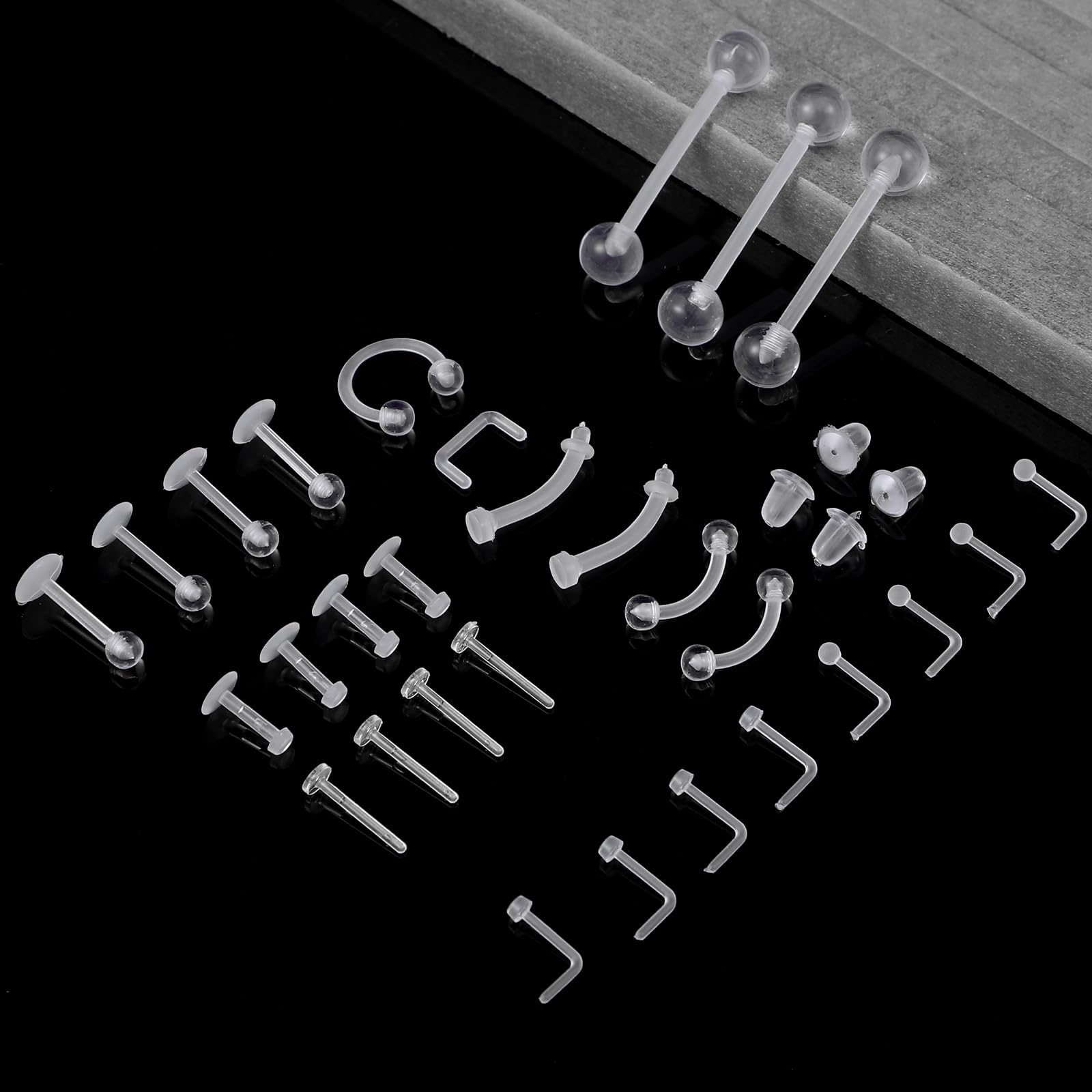 Lusofie Zestaw 29 przezroczystych kolczyków do nosa, warg, chrząstki, brzucha, tragusa, 16 g (1,2 mm) i 14 g (1,6 mm), Akryl