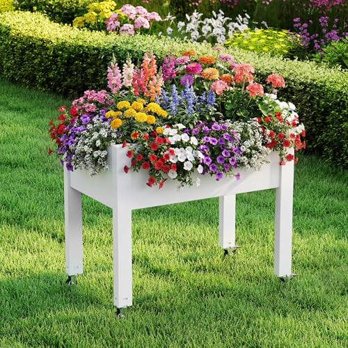NBYSGO Raised Garden Bed with Wheels, Resin Elevated Planter Box, White — view 2