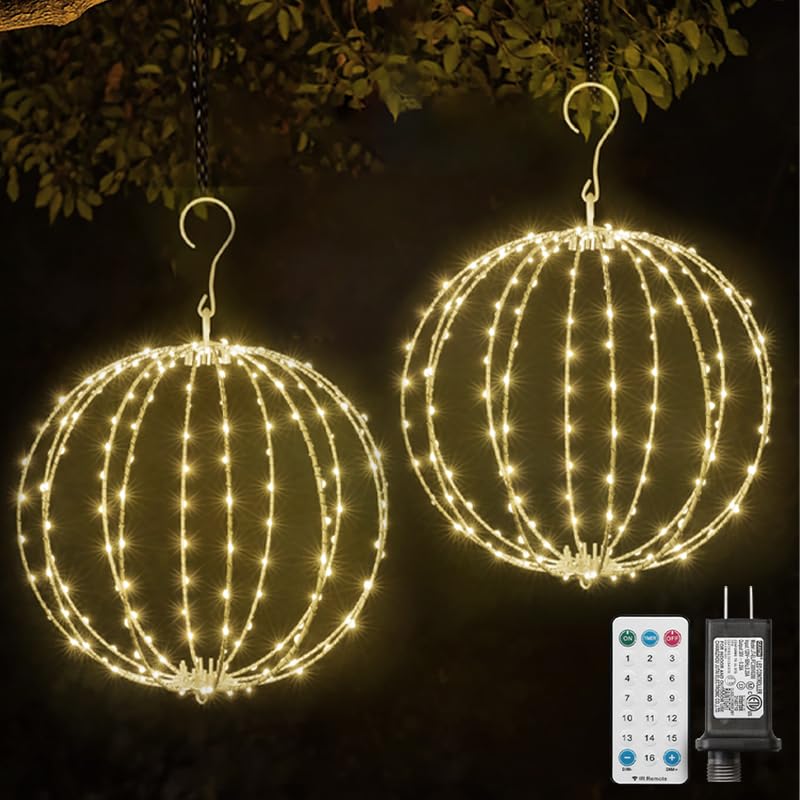 2 Pack Christmas Ball Light, 12IN Foldable Metal Sphere Lights, Connectable Waterproof 16 Modes with Timer, Hanging Tree Globe Lights for Holiday Christmas Decorations (Warm White)