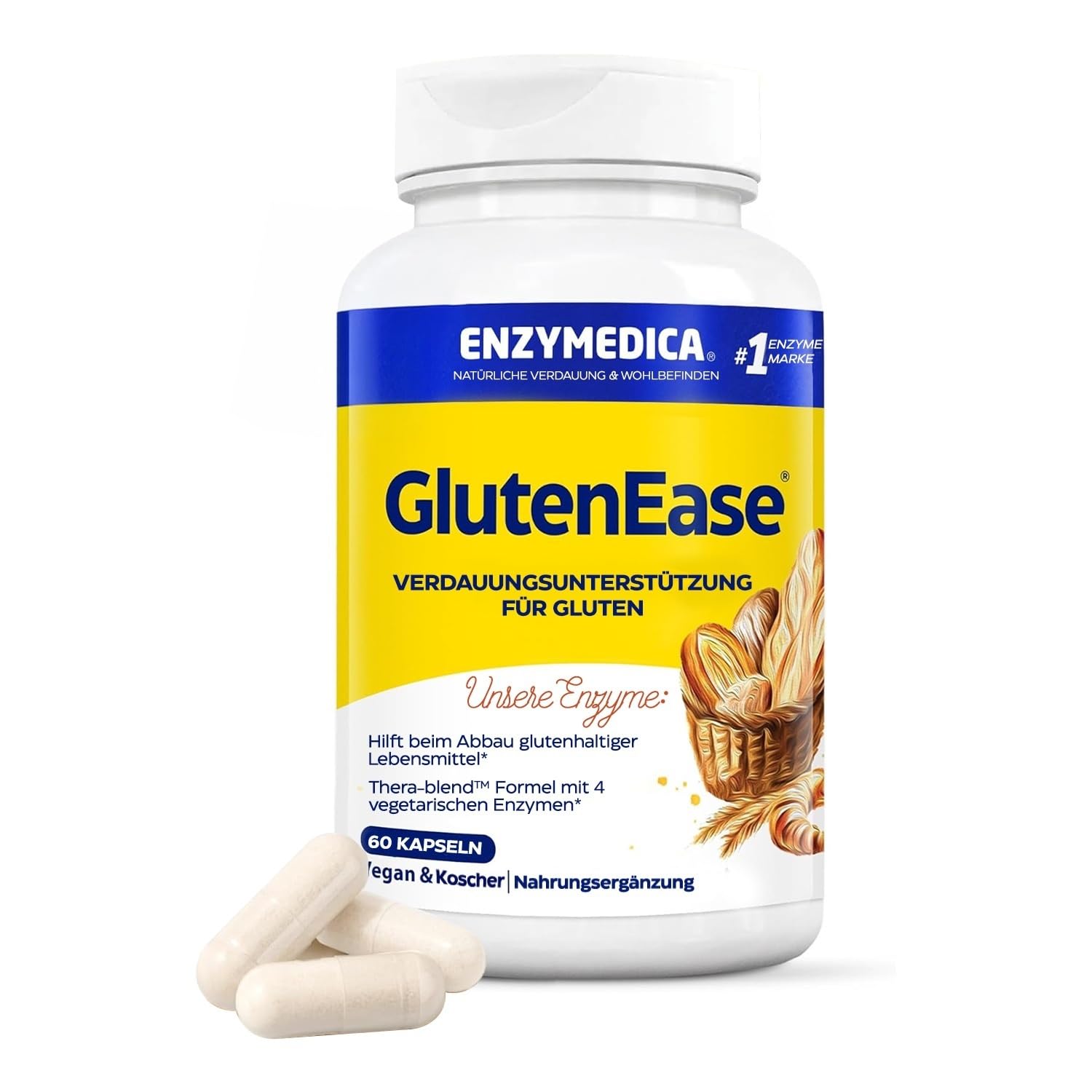 Enzymedica - Glutenease, angezeigt gegen Gluten und Casein, die Gase und Blähungen reduziert, verbessert die Nährstoffaufnahme und Energie, vegetarisch, 60 Kapseln
