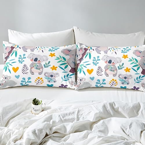 Miniatura 7 de Juego de funda de edredón de koala para niños, diseño de animales salvajes, hojas y ramas florales, funda de edredón botánica de oso de dibujos