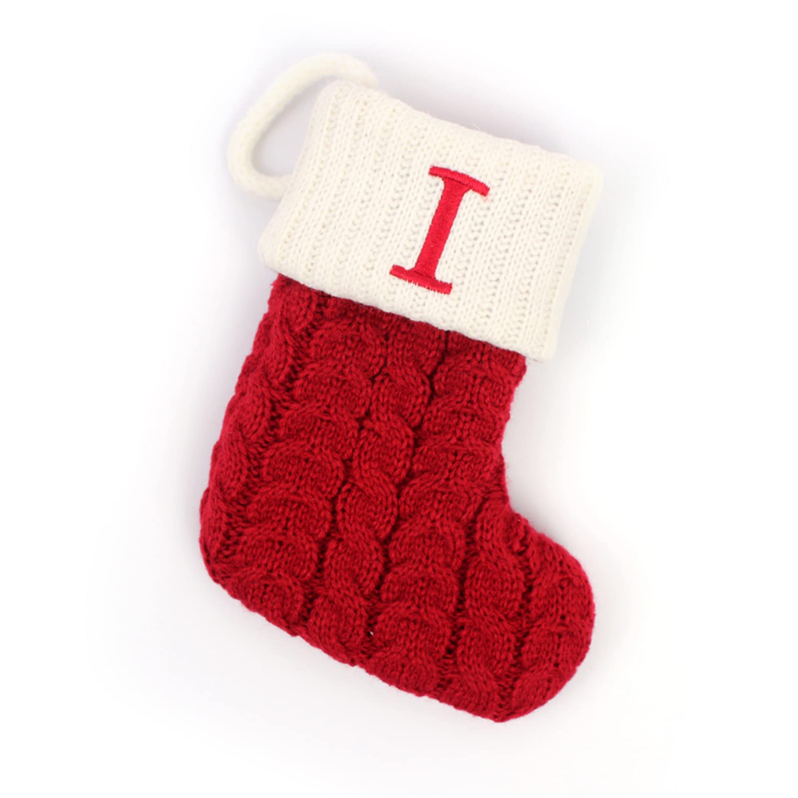Initial Letter Christmas Stocking White Snowflake Knitted Christmas Tree Stockings Decorative Sock Hanging Ornament for Mantel Fireplace (Red I, 7inch)