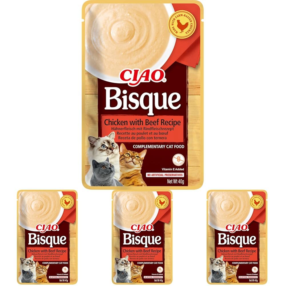 Ciao Bisque by INABA Cat Treat - Chicken with Beef - 4 Pack (40g total) / Moist Cat Treat, Delicious & Healthy Snack, Puree Food Topper, Side Dish, Complement, Natural, Grain Free