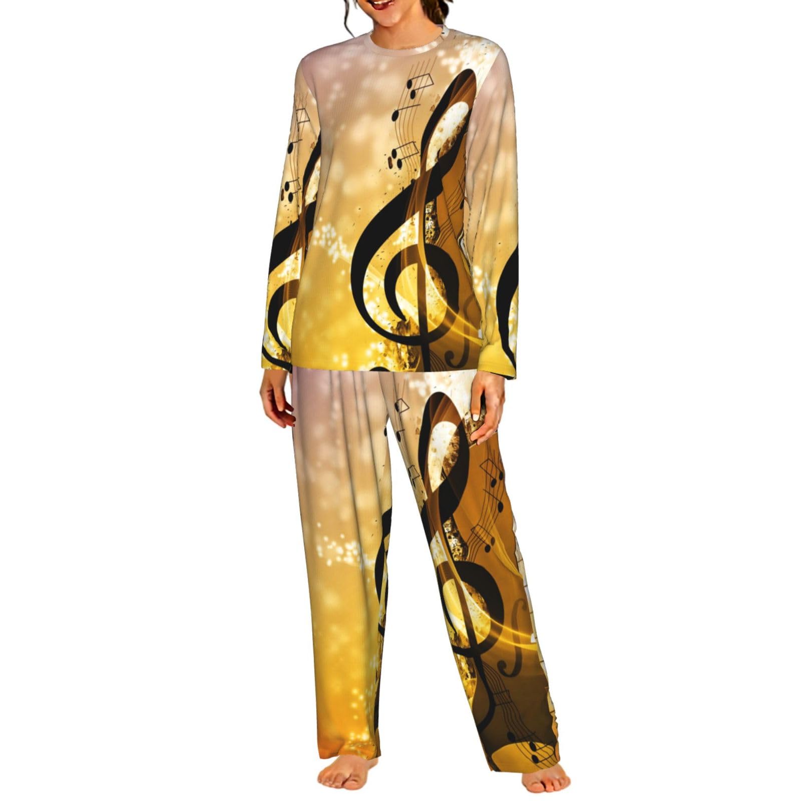 Pianoforte Violino Note Musiche Stampa Delle Donne Manica Lunga Pigiama Set Morbido Elastico Coulisse Casual Daywear